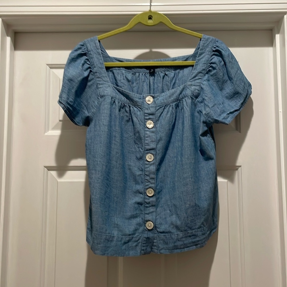 J. Crew Light Blue Button-Front Puff Sleeve Top
